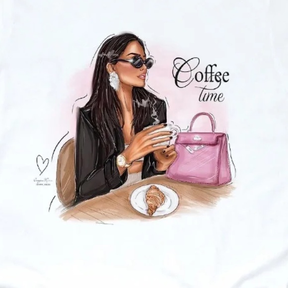 2/$40 Coffee Time Graphic Tee Chic Fashion Girl Print T-Shirt Casual Trendy - Picture 4 of 5